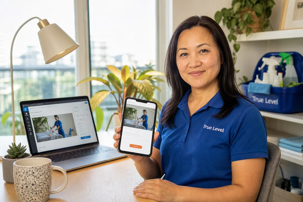 Cleaning company owner in her home office in Willowdale editing a page on her WordPress website