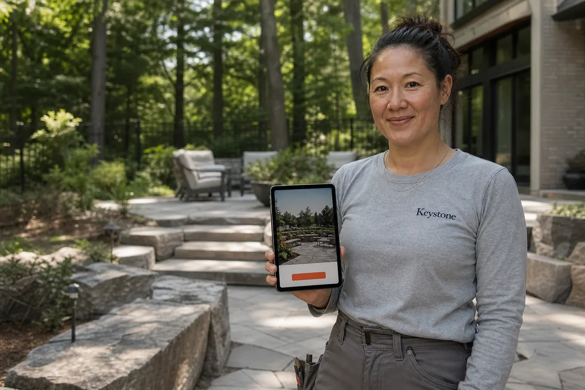 Landscape designer reviewing plans on a tablet beside a new stone terrace on a deep, tree-lined York Mills lot that backs onto a ravine