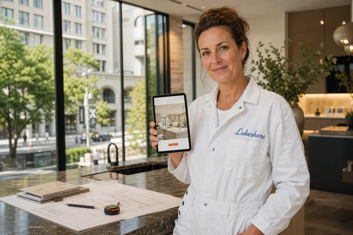 Renovation contractor reviewing drawings in a luxury Yorkville condo with floor-to-ceiling windows, her company website open on a laptop