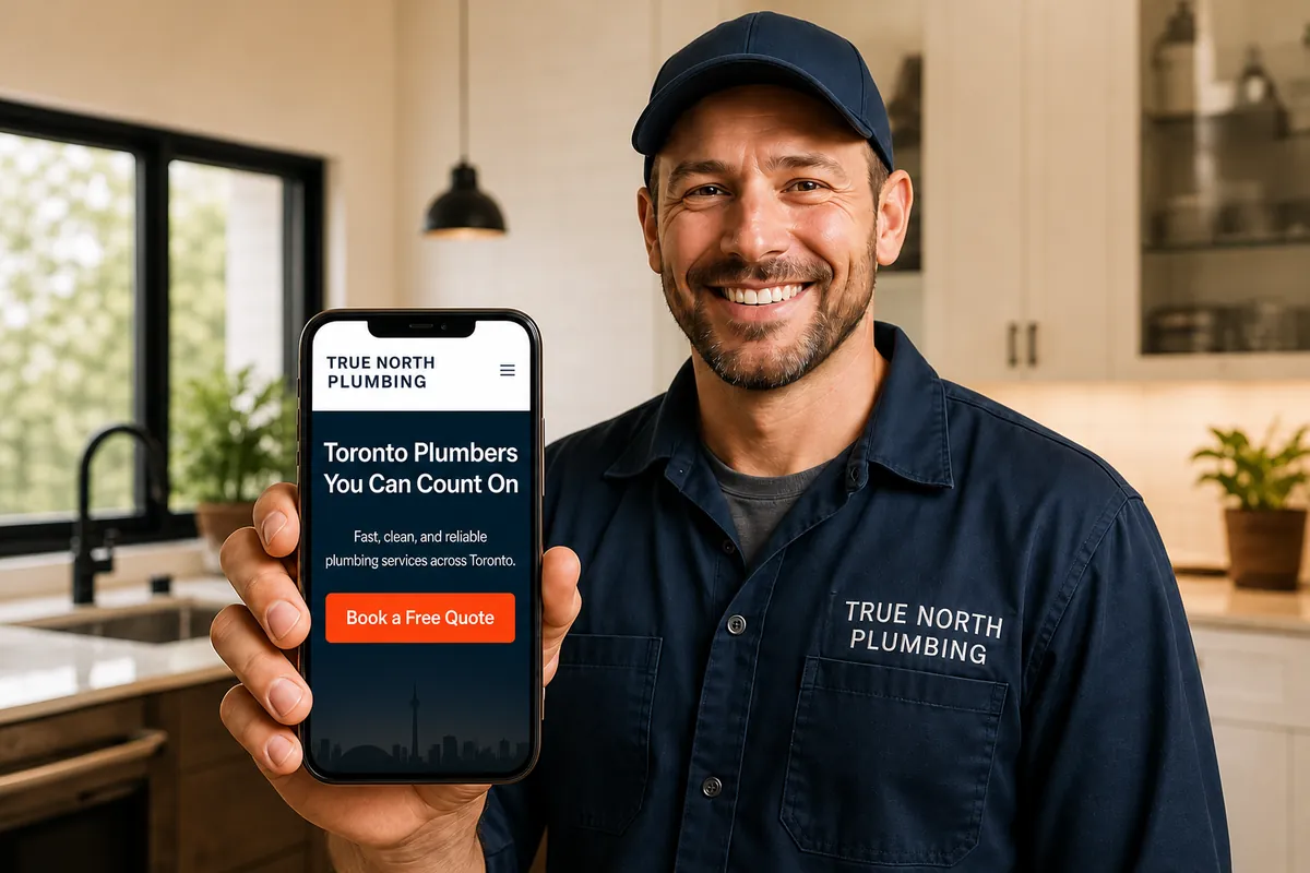 Smiling Toronto plumber in a bright kitchen holding up a phone that shows his company's new website